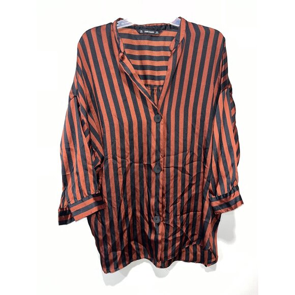 Zara Basic Black & Rust Striped Button-Up Blouse, Size L - Picture 1 of 7